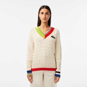 Lacoste Cable Knit Color Twist V-Neck Beyaz | CZ5768039