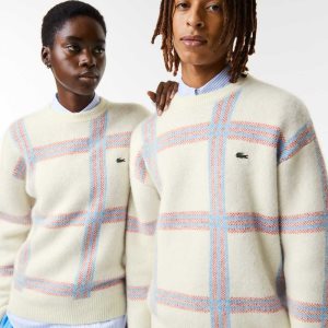 Lacoste Relaxed Fit Tartan Pattern Yün Blend Beyaz Kırmızı Mavi | TV3765421
