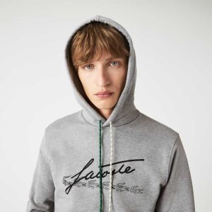 Lacoste Signature Flecked Pamuklu Fleece Hoodie Gri | XI4026738