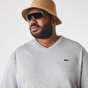Lacoste Uzun Fit Nervürlü V-Neck Pamuklu Polo Gri | IU9206578